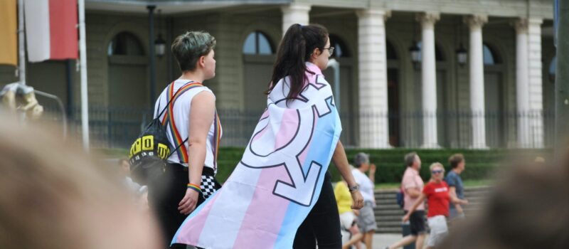 Transgender betogers met vlag op straat. Unsplash: Delia Giandeini.